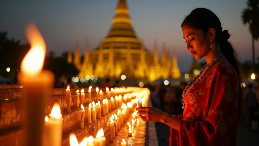 Modell in traditioneller burmesischer Kleidung zuendet Kerzen an der Shwedagon Pagode an