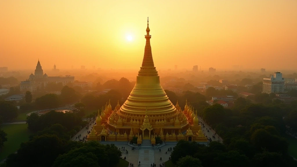Luftaufnahme der goldenen Shwedagon Pagode in Yangon bei Sonnenuntergang, Myanmar