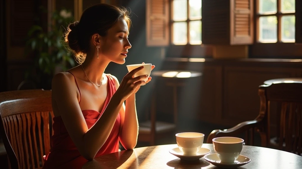 Elegante Frau geniesst traditionellen burmesischen Tee in einem Kolonial-Cafe in Yangon