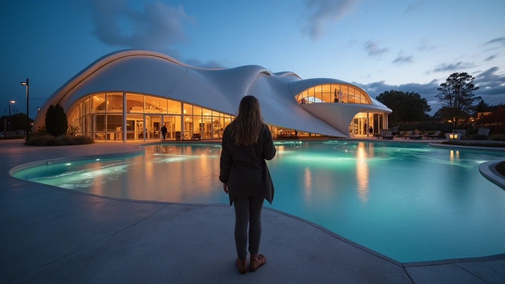 Architektur des Yeppoon Lagoon Wasserparks bei Daemmerung