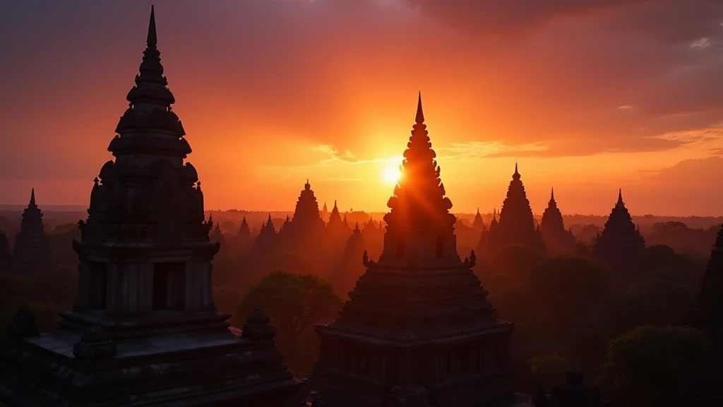 Sonnenuntergang am Prambanan Tempelkomplex in Yogyakarta mit goldenem Licht