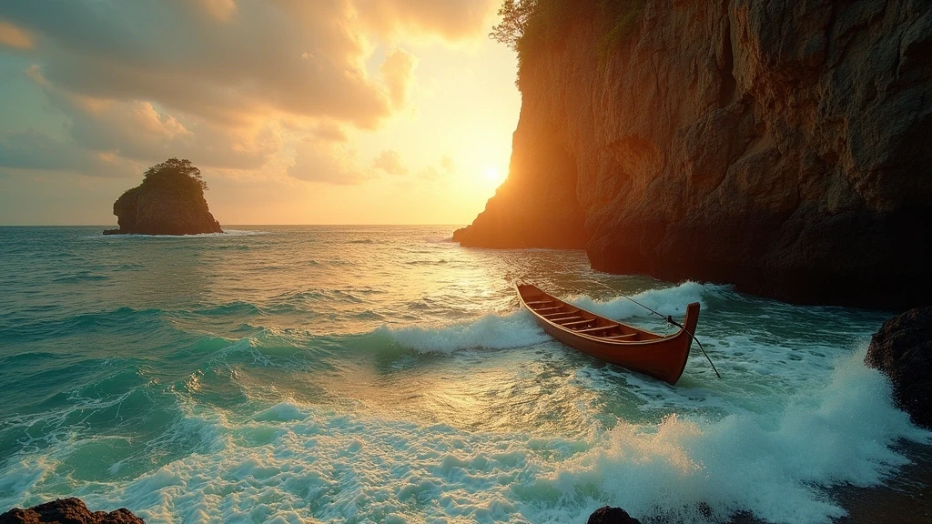 Goldene Stunde an der Timang Beach Gondel in Yogyakarta mit dramatischen Klippen