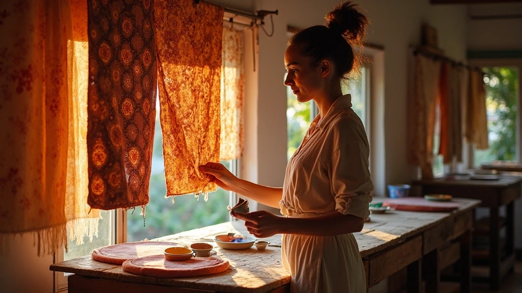 Stylish Reisende bewundert Batik-Textilien in Yogyakarta Werkstatt