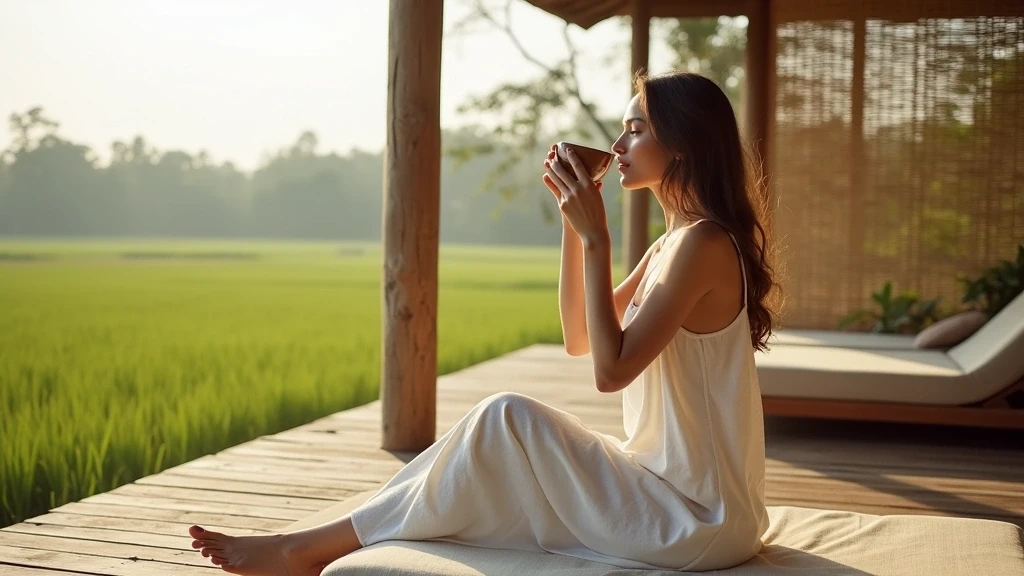 Elegante Frau geniesst traditionellen Java-Kaffee in Yogyakarta Resort
