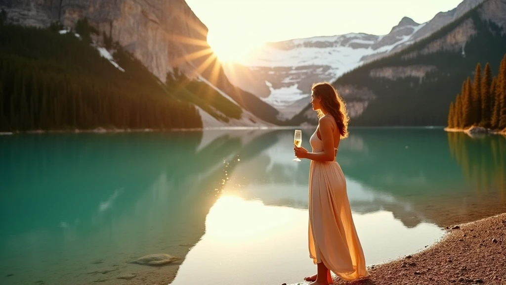 Elegante Reisende am Emerald Lake im Yoho National Park bei Sonnenuntergang mit Champagner