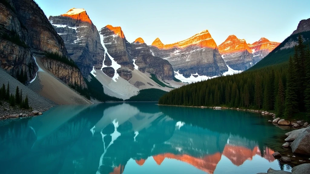 Panoramablick auf den smaragdgruenen Emerald Lake im Yoho National Park mit perfekten Spiegelungen