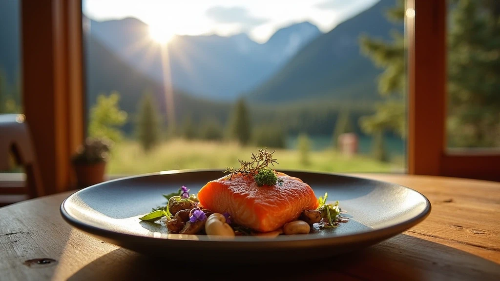 Artisanale kanadische Kueche im Emerald Lake Lodge mit Blick auf die Berge im Yoho National Park