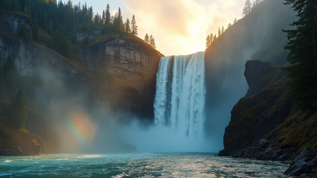 Dramatischer Blick auf die Takakkaw-Wasserfaelle im Yoho National Park mit Regenbogen und goldenem Licht