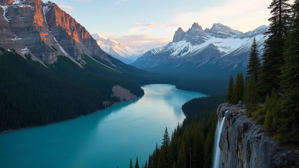 Dramatische Luftaufnahme der schneebedeckten Berge und türkisfarbenen Gletscherseen im Yoho National Park zur goldenen Stunde