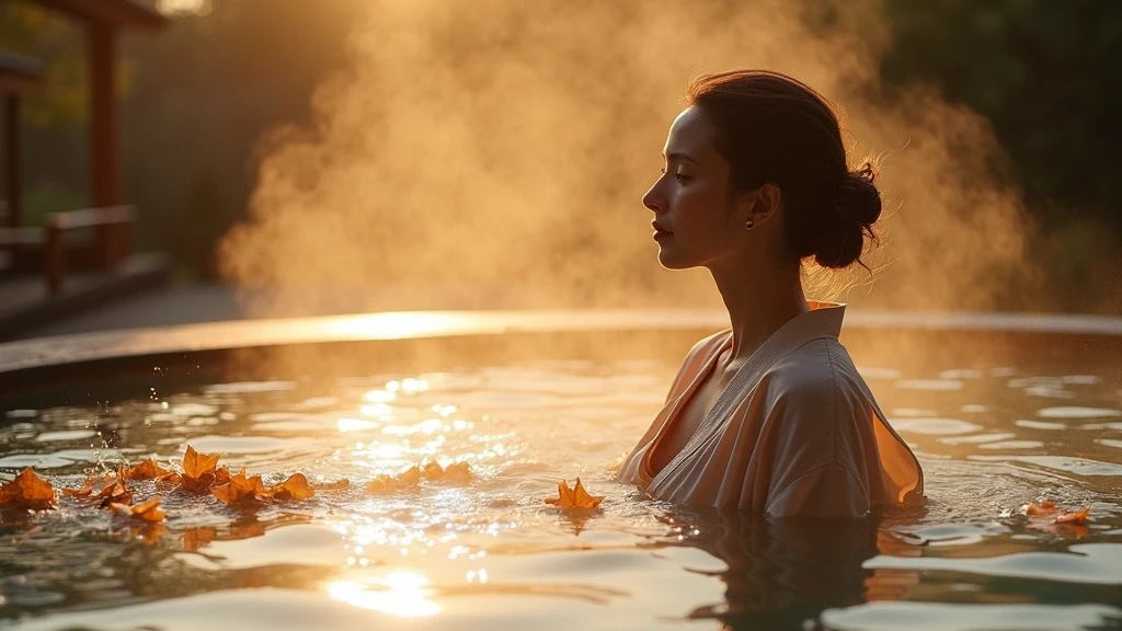 Elegante Frau im Kimono im privaten Freiluft-Onsen zur goldenen Stunde in Yufuin