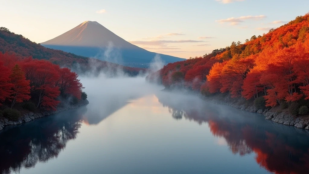 Kinrin-See bei Sonnenaufgang mit Spiegelung der Herbstfarben in Yufuin, Japan