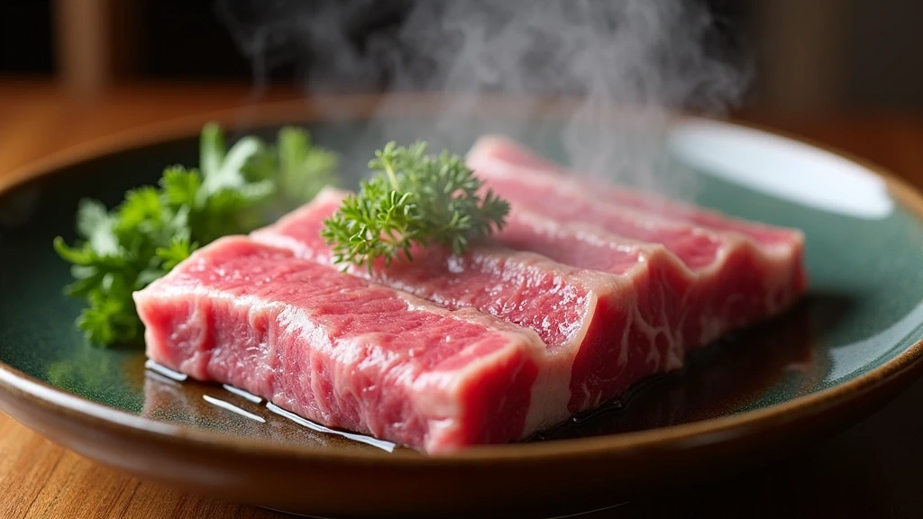 Yufuin Wagyu Beef Kaiseki Mahlzeit auf Keramikteller mit saisonalem Gemüse in Japan