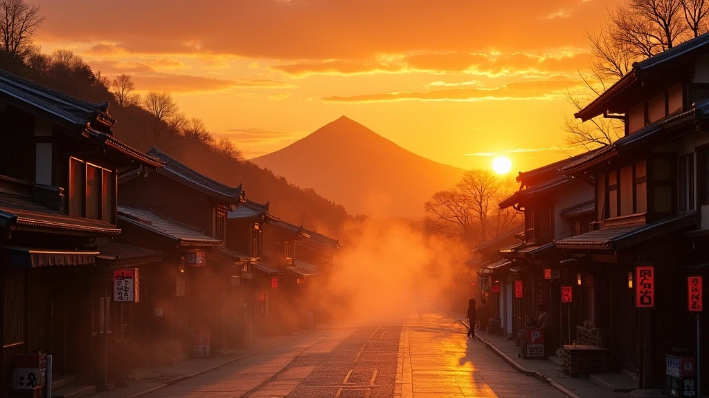Goldene Stunde auf der Yunotsubo Kaido Einkaufsstraße mit Blick auf Mount Yufu in Yufuin
