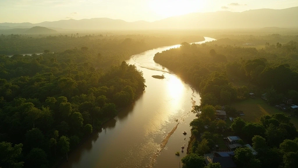 Luftaufnahme der Flusskonvergenz in Yurimaguas, Peru, mit Amazonas-Regenwald und goldenem Licht