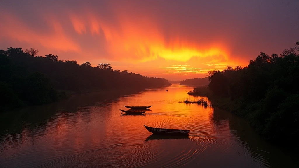 Sonnenuntergang ueber dem Huallaga-Fluss in Yurimaguas, Peru, mit dramatischem Himmel