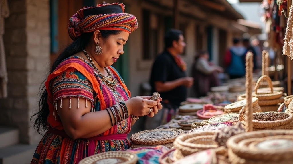 Lokale Fuehrerin zeigt Handwerkskunst auf dem Markt in Yurimaguas, Peru
