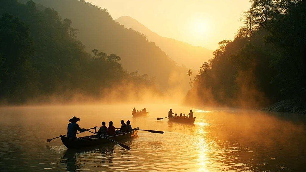 Goldene Stunde am Paranapura-Fluss in Yurimaguas, Peru, mit Nebel und Regenwald