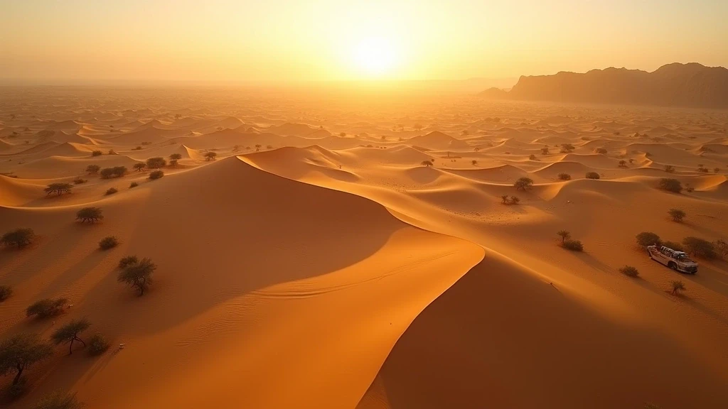 Luftaufnahme der goldenen Sandduenen der Sahara in Zagora, Marokko zur goldenen Stunde