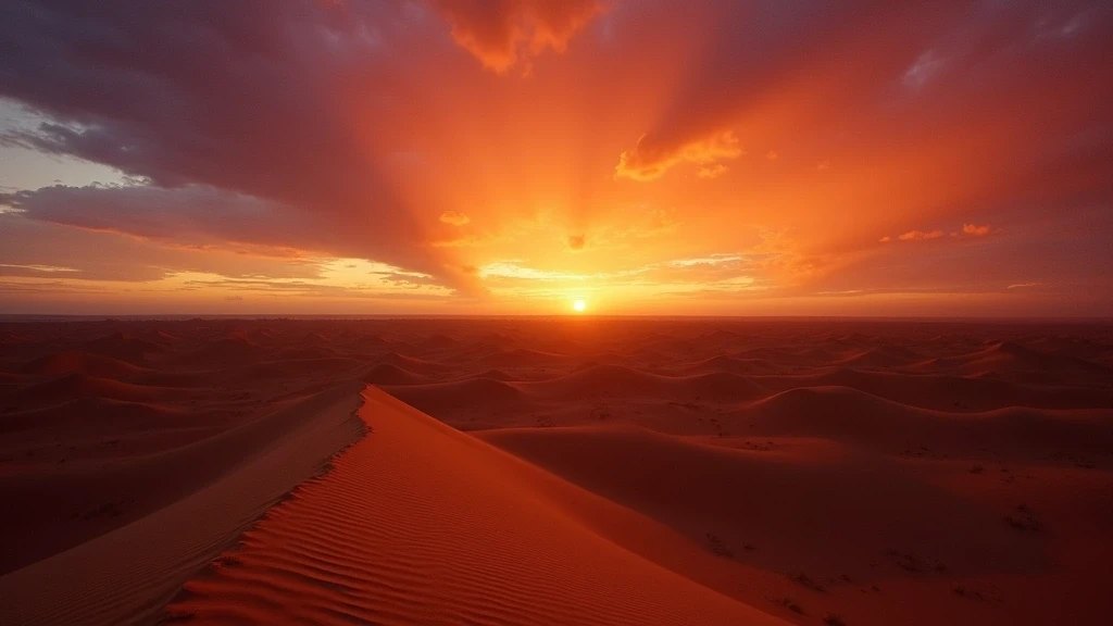 Dramatischer Sonnenuntergang ueber den Sandduenen der Sahara in Zagora, Marokko