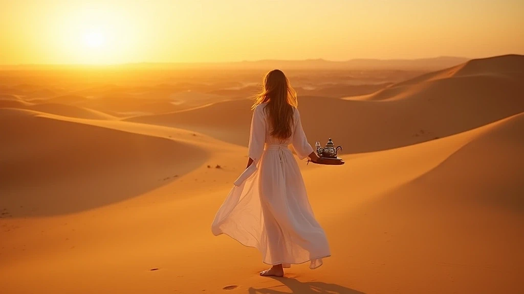Elegante Frau auf Sandduenen in Zagora, Marokko bei Sonnenuntergang