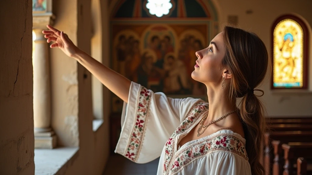 Lokale Fuehrerin zeigt byzantinische Fresken in Agios Dionysios Kirche auf Zakynthos