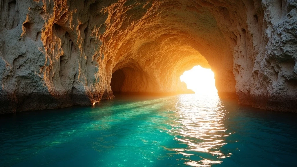 Sonnenuntergang ueber den Blauen Grotten von Zakynthos mit magischem Licht