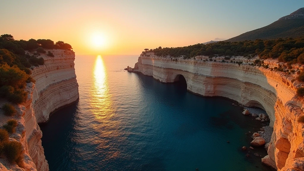 Panoramablick auf die Keri-Hoehlen von Zakynthos zur goldenen Stunde