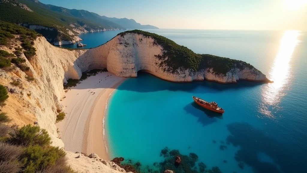 Luftaufnahme des Navagio Schiffswrack-Strands auf Zakynthos zur goldenen Stunde