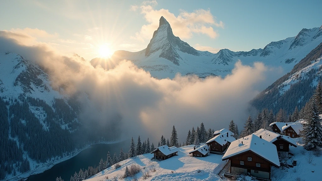 Luftaufnahme des Matterhorns in Zermatt zur goldenen Stunde mit alpiner Landschaft