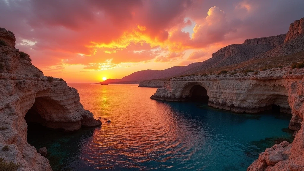 Sonnenuntergang ueber der Akamas-Halbinsel in Zypern mit dramatischem Himmel und Kuestenlandschaft