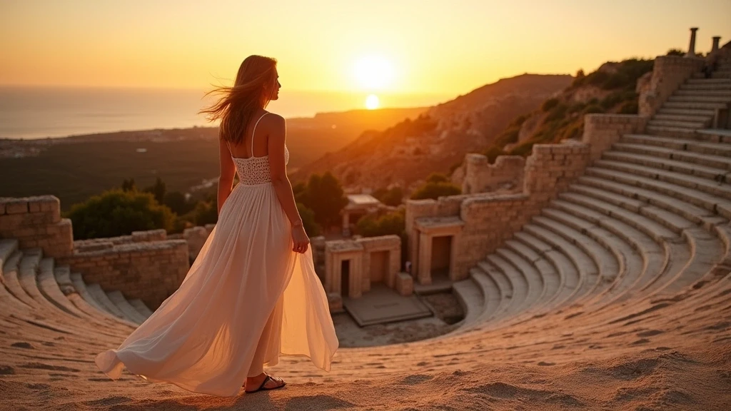 Reisende erkundet antike Kourion-Staette in Zypern bei Sonnenuntergang mit Amphitheater
