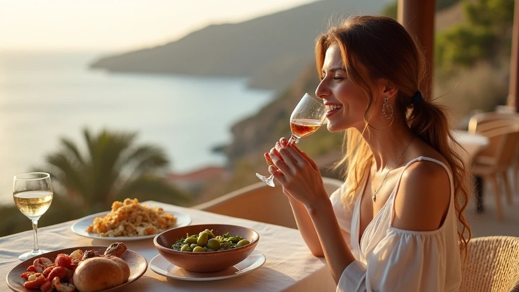 Elegante Frau geniesst traditionelles Meze in einer Klippen-Taverna in Zypern mit Meerblick