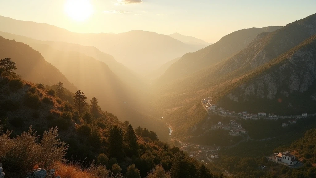 Panorama der Troodos-Berge in Zypern bei Sonnenaufgang mit Nebel und traditionellen Doerfern